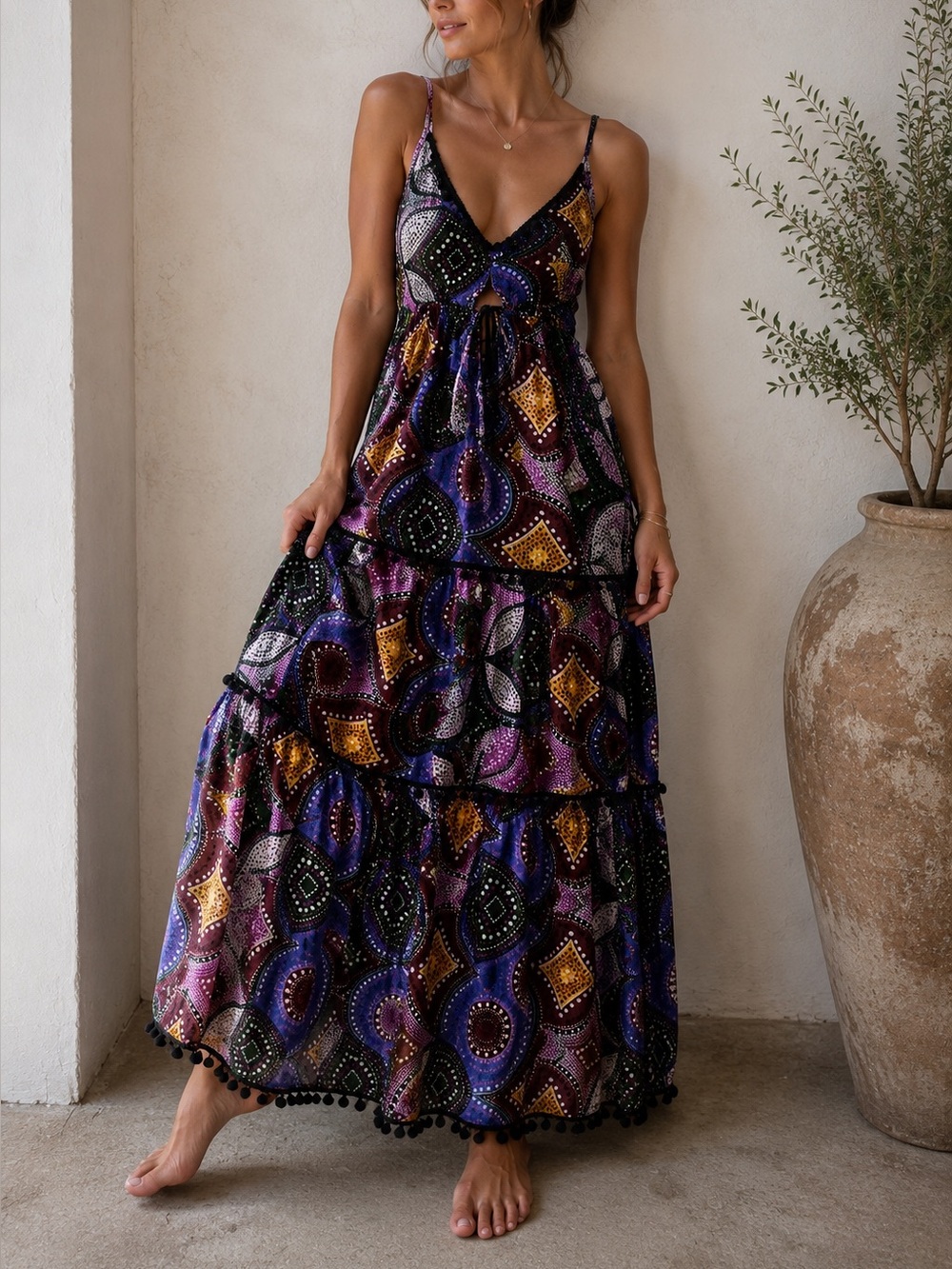 Lakhays Nepal Cotton Boho Maxi Dress Festival Hippie Fairycore Tiered Sz M/L